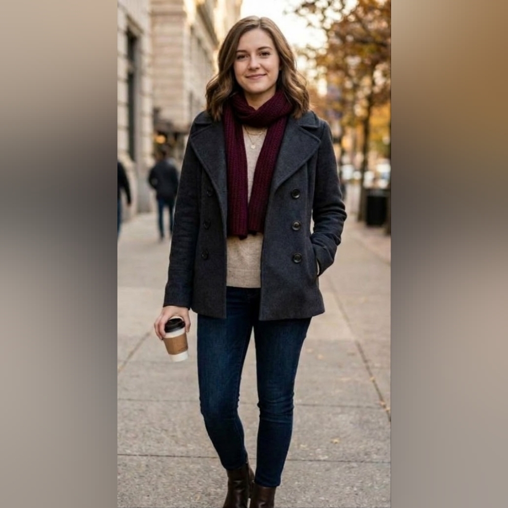 ✨ MICHAEL KORS Charcoal Gray Wool Blend Double-Breasted Pea Coat 🧥 Size S
